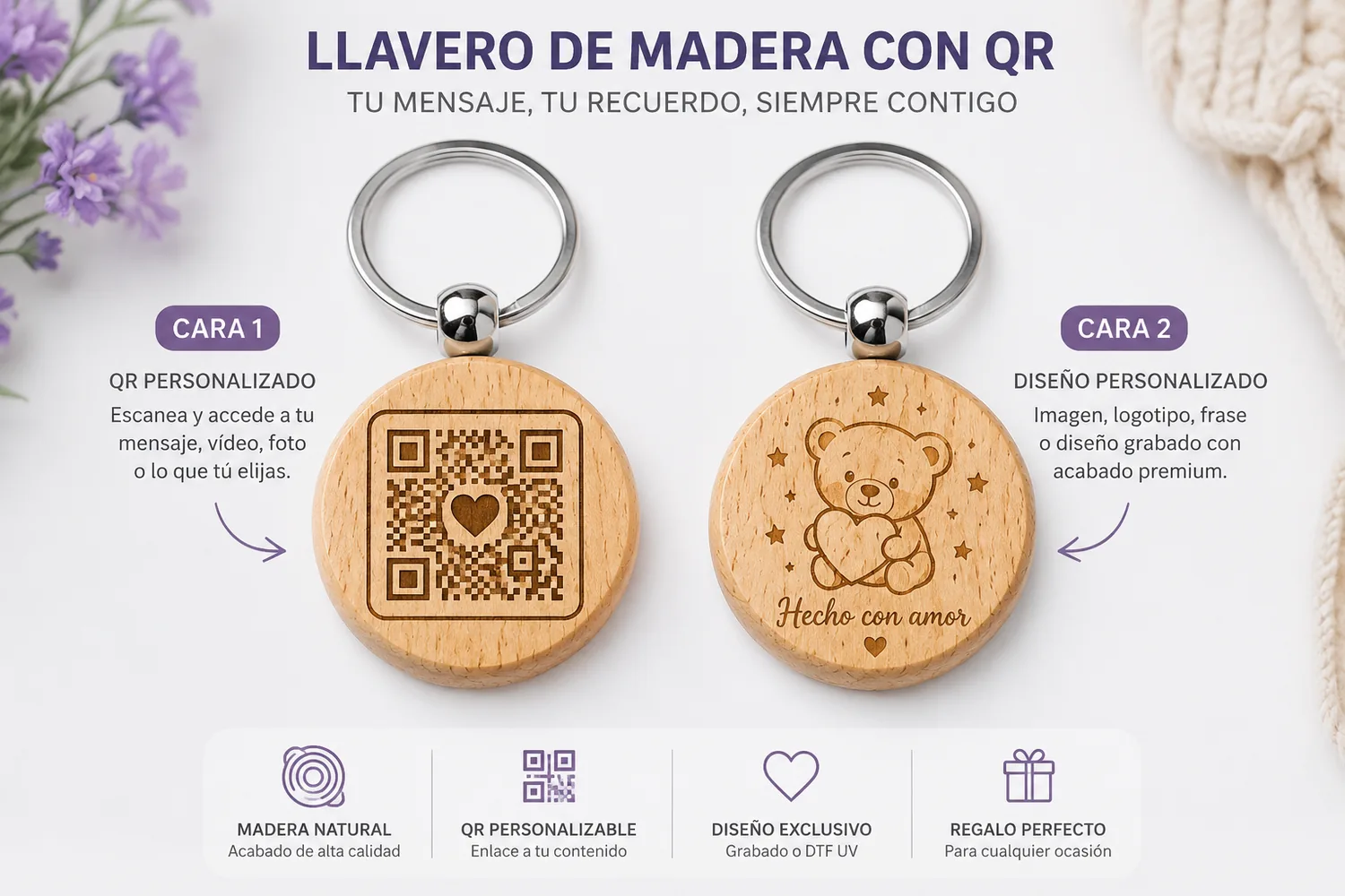 Llavero de madera personalizado por ambas caras con código QR