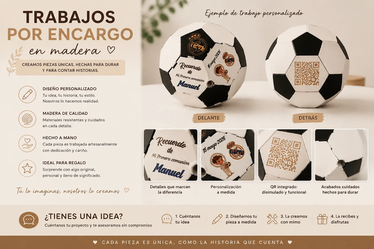 Ejemplo de trabajo por encargo en madera con pelota personalizada y QR