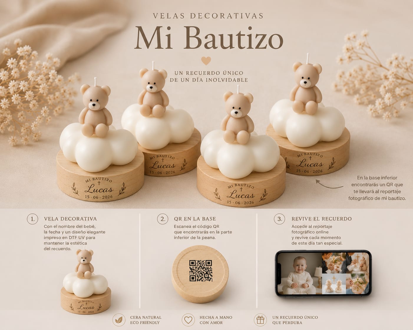 Velas decorativas personalizadas para bautizo con código QR